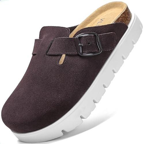 Image of Women's Suede Platform Clogs Leather Mules Slip On Indoor Outdoor Shoes | Arch Support, Cork Footbed, Adjustable Buckle,Water Resistant Upper,All Day Comfort