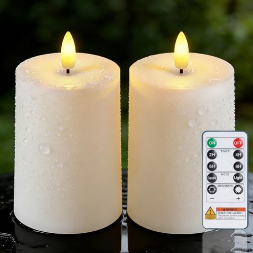 Image of Raycare 3 inchx4.5 inch White Outdoor Waterproof Flameless Candles with Remote and Timer, Realistic LED Candles, Battery Operated Electric Fake Pillar Candles for Porch, Patio, Garden, Set of 2