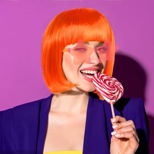 Image of ANOGOL Orange Bob Wig with Bangs Orange Wigs for Women Colored Wigs Party | Hair Cap+Sunglasses Short Neon Wig for Bachelorette Party Funny Outfit for Women Halloween Costume Night Club Crazy Hair Day