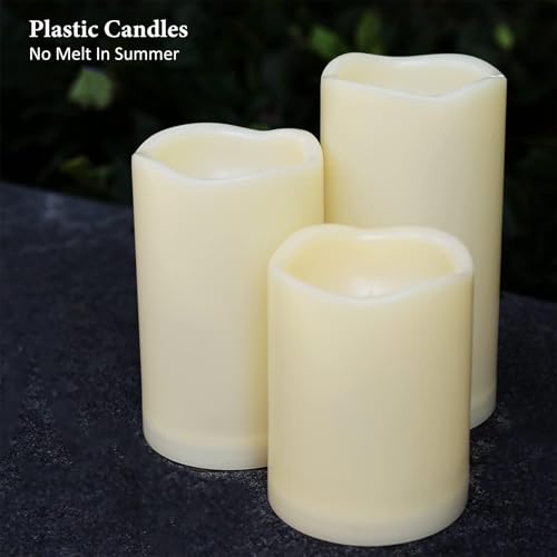 Image of Weatherproof Flameless Candles with 6 H Timer-1000 Hours Long Life, Waterproof Battery Operated Flickering LED Pillar Candles,Outdoor Candles for Chiristmas Thanksgiving Halloween （ 4 inch 5 inch 6 inch Ivory)