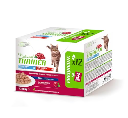 Natural Trainer Cibo Umido per Gatti Adulti Multipack, Tonno e Manzo, 12 x 85 g