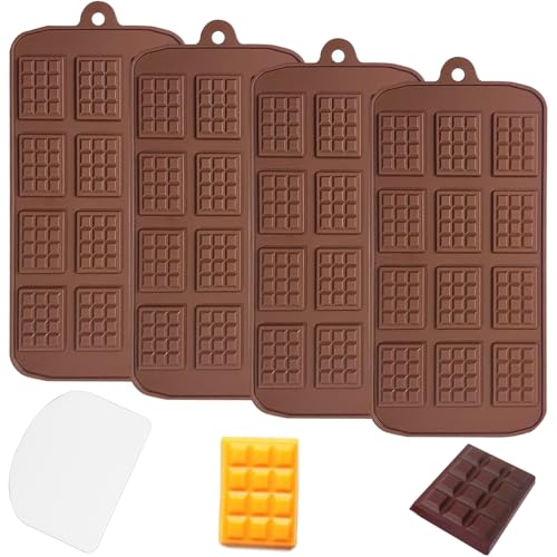 YXHZVON Schokoladenform Silikon, 4 Stück Silikonform Schokolade mit Schaber, Mini Schokoriegel Form Schokoladenstücke 12 Hohlräume für Schokolade Praline Süßigkeiten