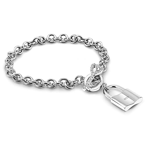 H&Beautimer 925 Sterling Silver Bracelet For Women's - Italian Handmade Rolo Chain 6.3, 6.7, 7.1, 7.5, 8 Inch - AAAAA CZ Zircon Heart/Lock Pendant Bracelet - Fine Jewelry