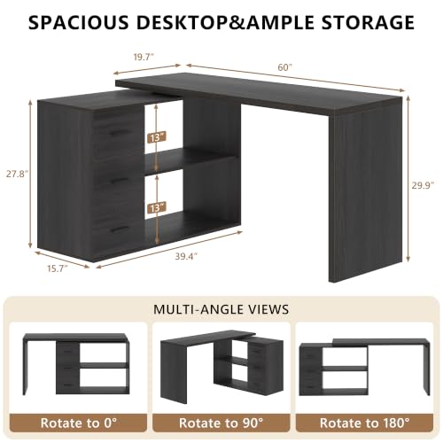 Image of HSH 60 inch Rustic L Shaped Computer Corner Desk with 3 Storage Drawers