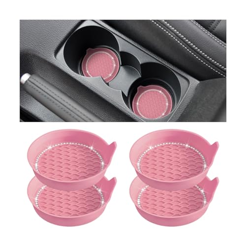 Osilly Bling Car Cup Holder Coaster, 4 Pack Universal Insert Coasters with Crystal Rhinestone, Silicone Non-Slip Shockproof Drink Mat, Car Interior Accessories Fashion Decor for Women Girl (Pink)