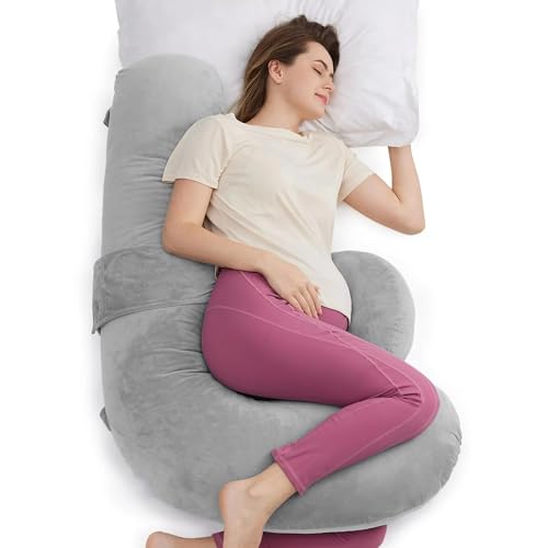 Image of J-Shaped Sleeping Pregnancy Pillow| Removable Velvet Covers| PregnoCare Fibres| Baby Shower Gift, Maternity, Nursing| Full Body Soft-Support Bump, Head, Back, Shoulder, Hips, Legs and Belly (Grey)