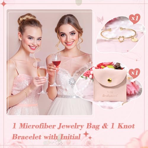 Image of Knot Bracelet Bridesmaid Gifts Initial Bracelet & Microfiber Jewelry Bags Pouch Bridesmaid Proposal Gifts for Wedding Day Bridesmaid Jewelry Bridal Party Gifts (Pink Gold R)