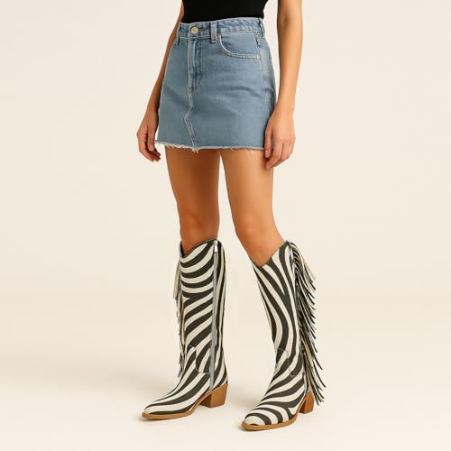 Image of KiutSymo Cowgirl Fringe Boots For Women White Tassels Cowboy Boots Knee High Pointed Toe Western Boots