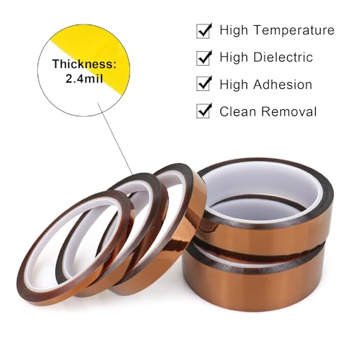 Image of BOMEI PACK Polyimide Tape, 5 Pack High-Temperature Resistant Tape 5 /8 /12 /25 /30mm x 33m(108ft), No Residue Heat-Resistant Tape for Electric Task, 3D Printing, Soldering, Sublimation, Masking