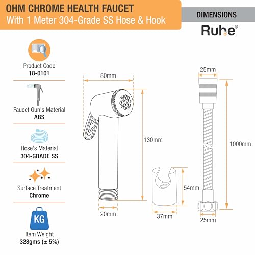 Image of Ruhe OHM Health Faucet Set for Bathroom /Handheld Jet Spray for Toilet | ABS Health Faucet Water Spray Gun with 304-Grade Stainless Steel Flexible Shower Tube 1 Meter and Wall Hook /Holder