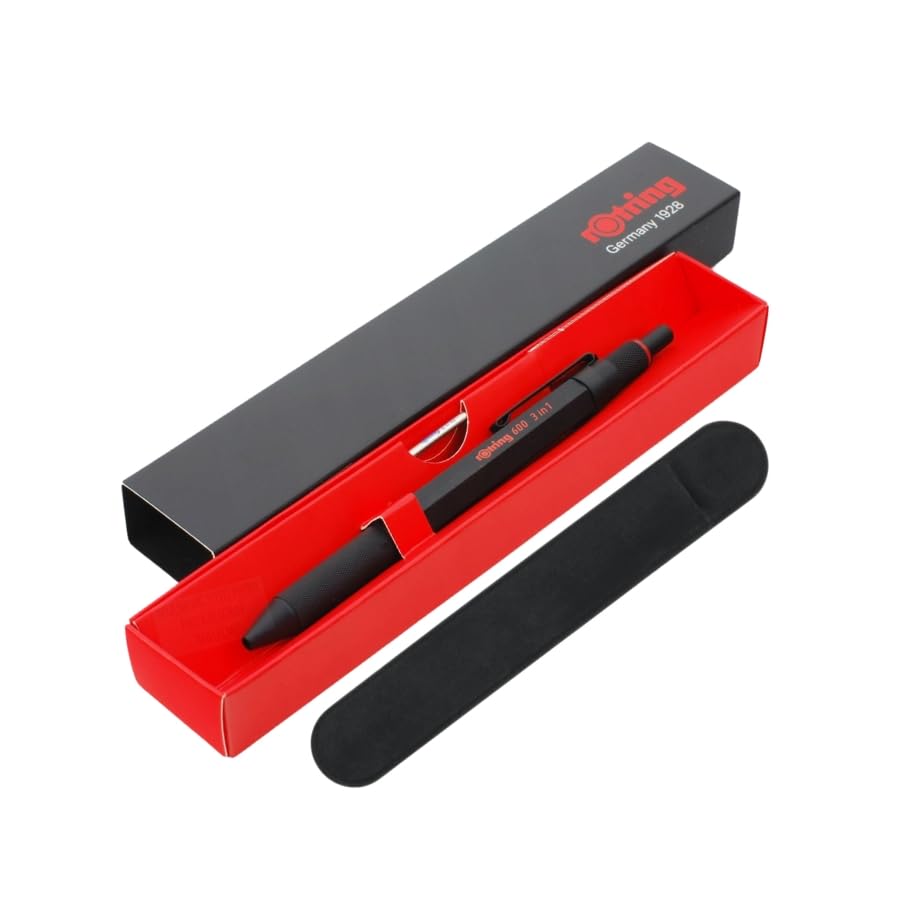 600 3-in-1 Multi-Colour Pen and Mechanical Pencil | Black & Red Ballpoint | 0.5mm Mechanical Pencil | Sleek Black Barrel | Includes Velvet Case