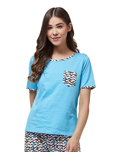 Image of Miss Chase Women's Blue Round Neck Short Sleeves Printed Regular Length T-Shirt