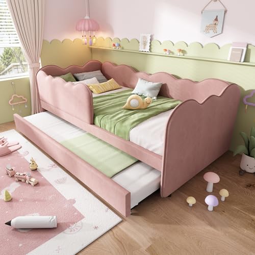 Merax Cama acolchada de día 90 x 190 cm, sofá cama con cama nido de 90 x 190 cm, cama infantil con somier, cabecero de diseño Wave Line, terciopelo, rosa, sin colchón