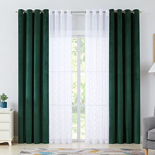 Enactex Juego de 4 cortinas verdes de 63 pulgadas para sala de estar, cortinas opacas de terciopelo liso y traslúcido con estampado marroquí plateado para dormitorio, ojales en la parte superior