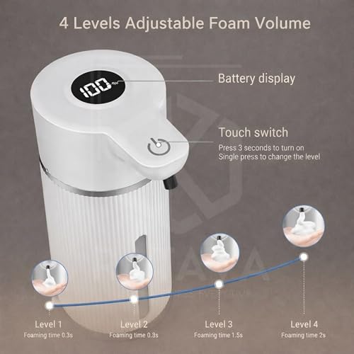 Image of 450ML Automatic Touchless Foam Dispenser, Rechargeable Sensor Foaming Dispenser with Digital Display, 4-Speed Adjustable Foam Control, Electric Auto Dispenser for Bathroom & Kitchen (White)