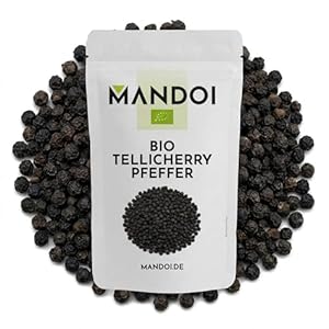 Mandoi Bio Tellicherry Pfeffer, 200g schwarze Pfefferkörner ganz aus biologischem Anbau. Für die Pfeffermühle geeignet