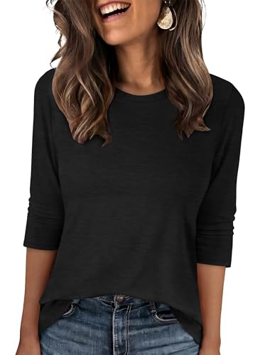 ANRABESS Womens 3/4 Sleeve Top,Wrinkle-Free Soft T-Shirts,Crew Neck Basic Tee,Casual Summer Spring Clothes,Daily Work Travel Black