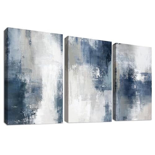 3 Pcs Wooden Framed Canvas Wall Art Set Nordic Abstract Painting on Canvas Prints Poster Blue Grey White Minimalist Pictures for Living Room Bedroom Hallway Stairs Wall Decor 30x40 cm x3pcs