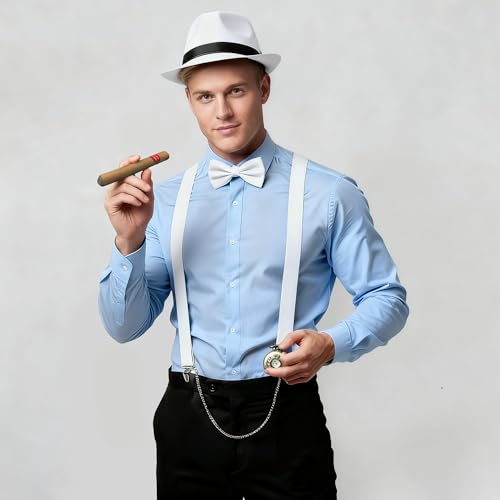 Image of BABEYOND 1920s Mens Gatsby Gangster Accessories Set Panama Hat Suspender Bow Tie