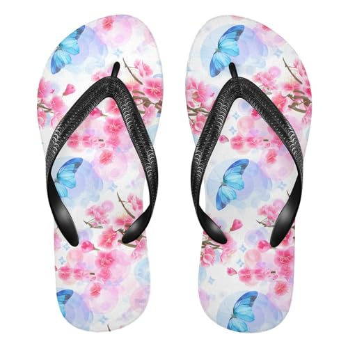 Blue Butterfly Cherry Blossoms Flip Flops for Beach Thong Sandals Anti-slip Lightweight Shower Shoes for Indoor Outdoor House