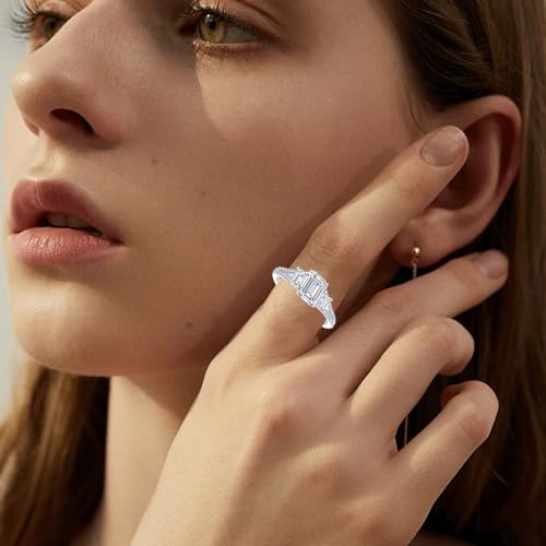 Blocaci 3 Stone Emerald Cut Engagement Rings for Women White Gold, 1CT Center Moissanite Engagement Ring Platinum Plated Silver 10K 14K 18K Gold Wedding Anniversary Rings for Her with Text Engraving2
