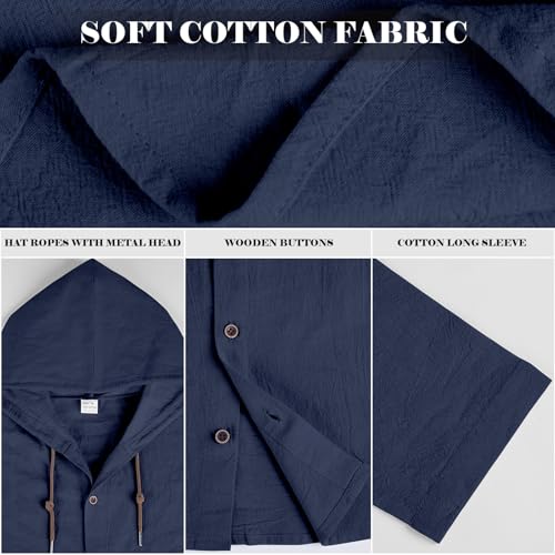 Men Cotton Linen Long Sleeve Button Down Shirt Summer Casual Hawaiian Beach Tops Lightweight Fashion Hoodies Navy
