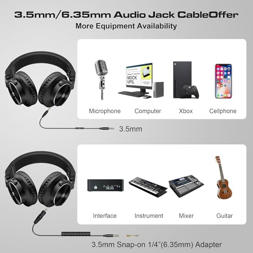 Image of PUPGSIS Over Ear Wired Headphones: Studio Monitor - Professional 40kHz Hi-Res DJ Stereo Headphones - 1 /4 to 3.5mm Audio Jack for Recording /Mixing /Podcast /Guitar /Piano, Carbon black
