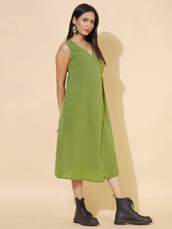 Selvia Women's Sleeveless Santosa Wrinkle(Crepe) V-Neck Wrap Dress(377Tk7115N-Xl_Green)