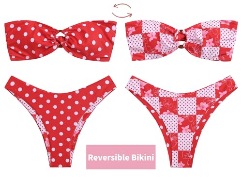 Image of ZAFUL Women's Bandeau Bikini O Ring Strapless Tie Back High Cut Two Piece Swimsuit Bathing Suits