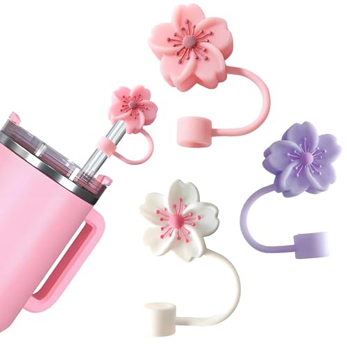 BTYHAOS Silicone Straw Caps for 10mm Tumblers | Reusable Dust-Proof Straw Toppers Compatible with Stanley 30oz & 40oz Tumblers (Purple Flower 3pc)