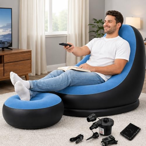Image of Inflatable Lounge Chair for Adults with Ottoman, Foldable Air Sofa Couch, Portable Blow Up Chair for Living Room Bedroom, Comfortable Indoor Seating, 150 kg Capacity (Light Blue)