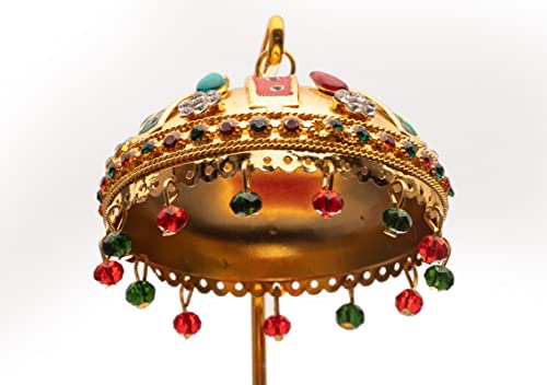 Image of Metal Chhatra Umbrella with Hanging Crystals - Decorative Chatri Aasan for God Idol, Car Dashboard, Office Desk, Table, or Home Mandir Showpiece (M 33)