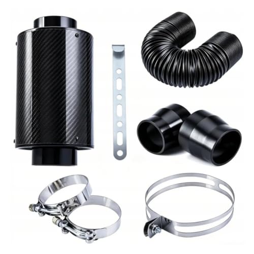 Kit De Admisión Caja Aire Fibra Carbono Real 76 Mm Y 3 Pulgadas Inducción Frío Alto Flujo Con Manguera Flexible Abrazaderas Manguera Admisión Aire