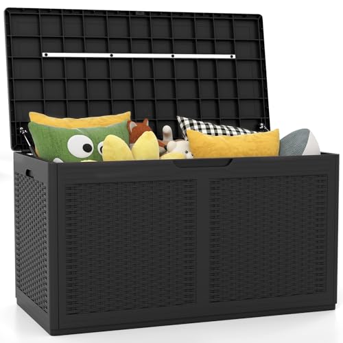 GOPLUS Coffre de Rangement Extérieur Étanche 380 L, Coffre Banc Jardin Exterieur avec 2 Roues, pour Balcon Terrasse, Coussins, Jardinage, Outils,...