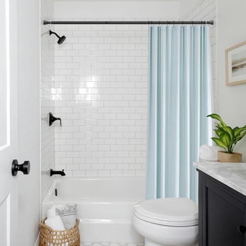 Image of Black Shower Curtain Rod 40-73 inch Black Shower Rod Tension Curtain Rod No Drilling Shower Curtain Rods Spring Tension Shower Rods for Bathroom