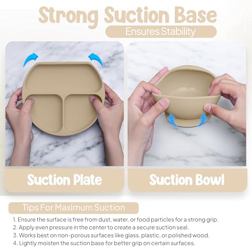 o'doe 11-Piece BPA-Free Silicone Solid Baby Feeding Set | Thick & Soft Suction Plates, Baby Food Bowl, Wooden Fork & Spoon, And More | Make Mealtime Fun And Easy For Your Little One | Beige V1