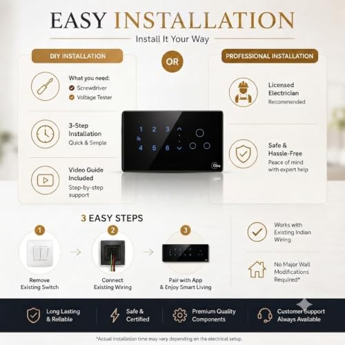 Image of Olira Smart Touch Switch, 6 Light Load with Fan Speed Control, Black | Wi-Fi Enabled, Master Switch, 6A Socket, Fan Load Control, Glass Finish Panel