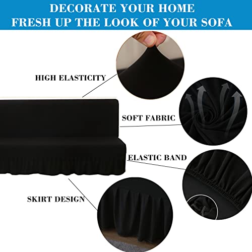 Futon Cover-Stretch Armless Futon Covers Full Size With Skirt Ruffled Futon Sofa Cover Washable Folding Sofa Bed Cover Soft Futon Couch Cover Slipcover With Elastic Bottom For Kids,Pets(Black) #TOP3