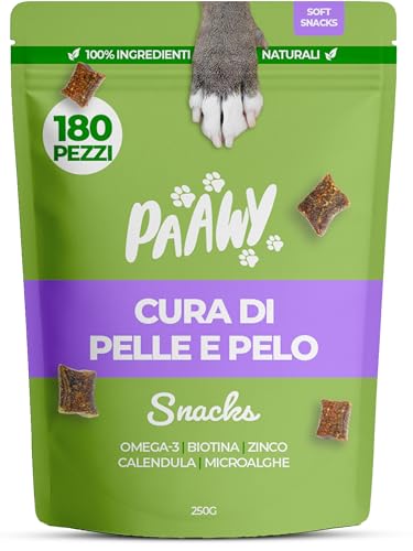 Paawy Lucidante per il pelo Snacks – Con olio di salmone, biotina, Omega-3 e zinco – Aiuta pelle e pelo, contro prurito, perdita di pelo e allergie