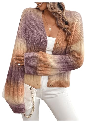Image of MakeMeChic Women's Colorful Chunky Cropped Cardigans Button Down Long Sleeve Drop Shoulder Rainbow Sweater Khaki Large