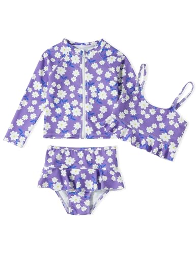 Image of DREAM BUS Toddler Girls Long Sleeve Swimsuit 3 Piece Rashguard Set with Bikini Top Baby Girls Bathing Suit Swimwear