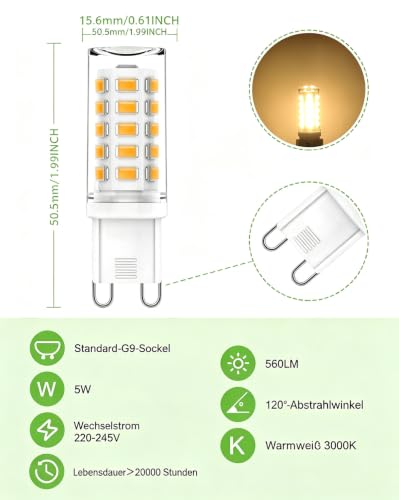 G9 LED Lampe Warmweiß, 5W 560LM LED G9 Warmweiss 3000K, G9 LED Leuchtmittel Ersatz für 40W Halogenlampe… – Ansicht 3