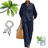 OJEYDFU Women’s Batwing Sleeve Linen Cotton Two-Piece Set – Casual Shirt & Wide Leg Pants Outfit, Breathable Summer Vacation Outfit (Blue, M)