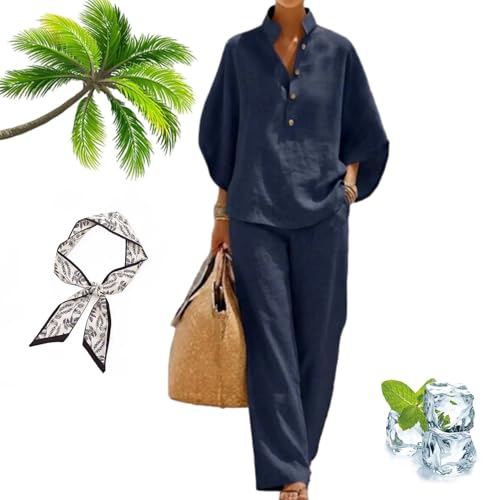 OJEYDFU Women’s Batwing Sleeve Linen Cotton Two-Piece Set – Casual Shirt & Wide Leg Pants Outfit, Breathable Summer Vacation Outfit (Blue, M)