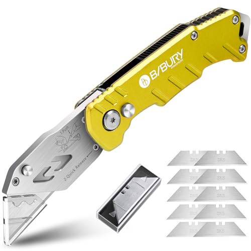 BIBURY Cuchillos Utilitarios, Cuchillo Plegable Portátil, Versión Actualizada Cúter Professional, con 10 Cuchillas de Acero Inoxidable SK5, Clip para Cinturón, Bloqueo de Seguridad Cortador