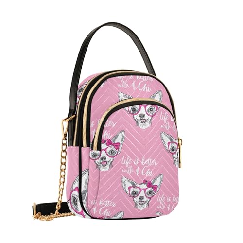 Women's Shoulder Handbag Decorative Cell Phone Wallet Chain Purse Quilted Zipper Bowler Tote Ladies Satchel Cute Chihuahua Dogs Pink Bows Pink Sketch2