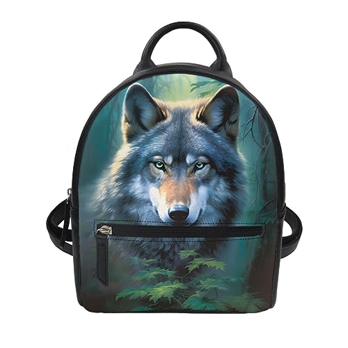 joo meryer Galaxy Wolf Mini Backpacks for Teen Kids Boys pu Leather Casual Daypack Shoulder Bags for College Students,Green Leave Wolf