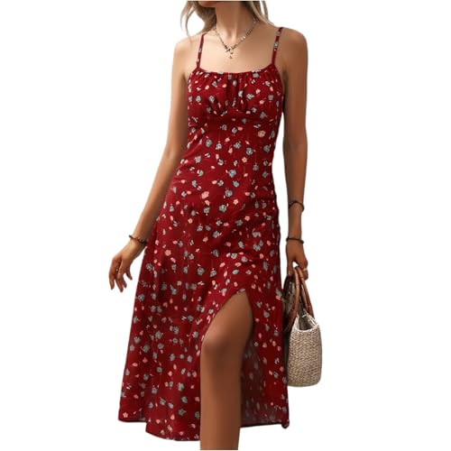 FUPODD Spaghettiträger-Kleid Damen Korsett Geblümt Trägerkleid Sommer Midi Mit Schlitz Sommerkleid Lang Elegant Blumen Boho Sommerkleider Frauen...