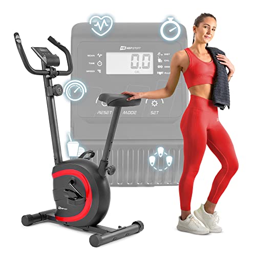 Hop-Sport Heimtrainer HS-015H, kompakter Hometrainer für Senioren geeignet, Fahrrad ideal für das Training zuhause, Pulssensoren & Anti-Rutsch-Pedale Rot