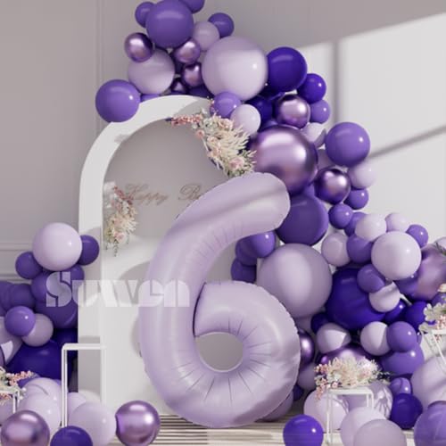 Image of SUWEN 40 Inch Light Purple Large 6 Balloon Number Big Foil Helium Lavender Number Balloons Huge Mylar 0-9 Giant Jumbo Happy 6th Birthday Party Anniversary Decorations